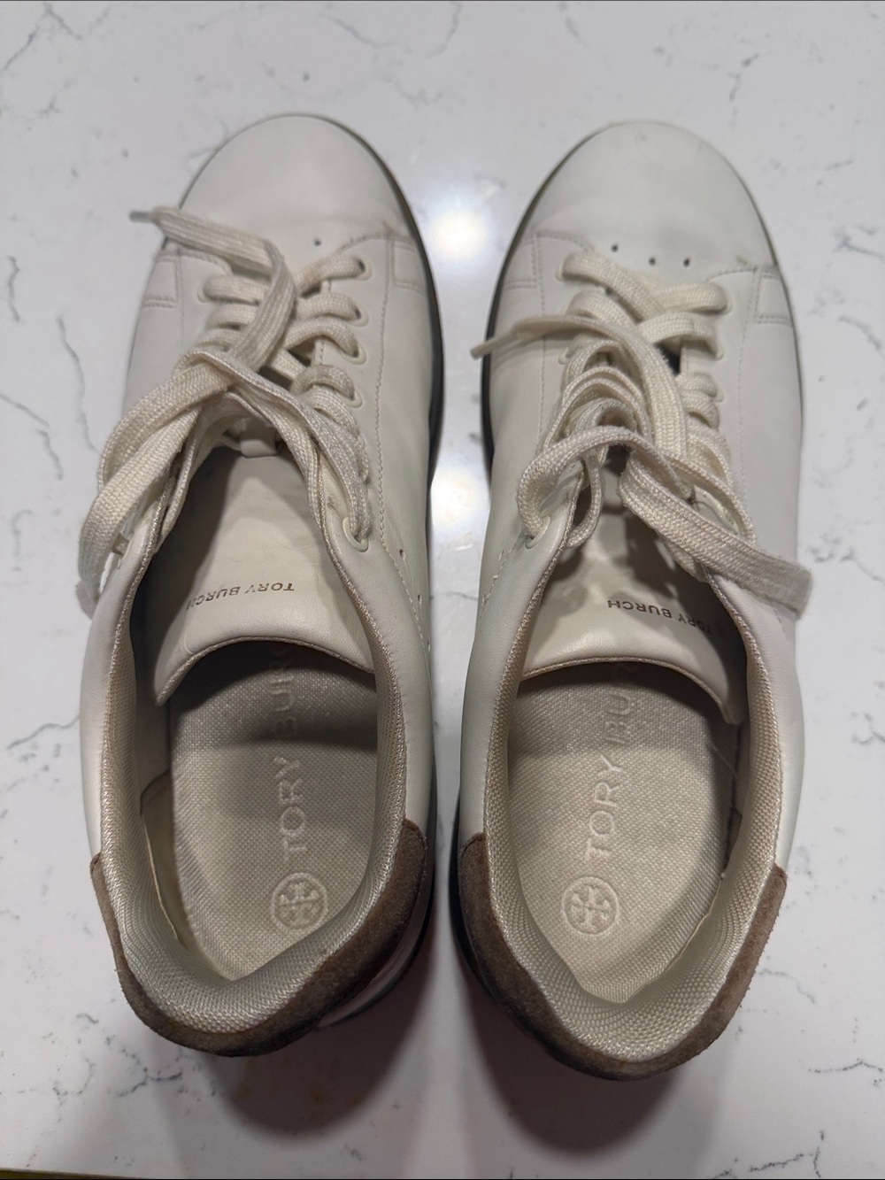 Tory Burch Off-White Leather Lace-Up Sneakers with Brown Heel